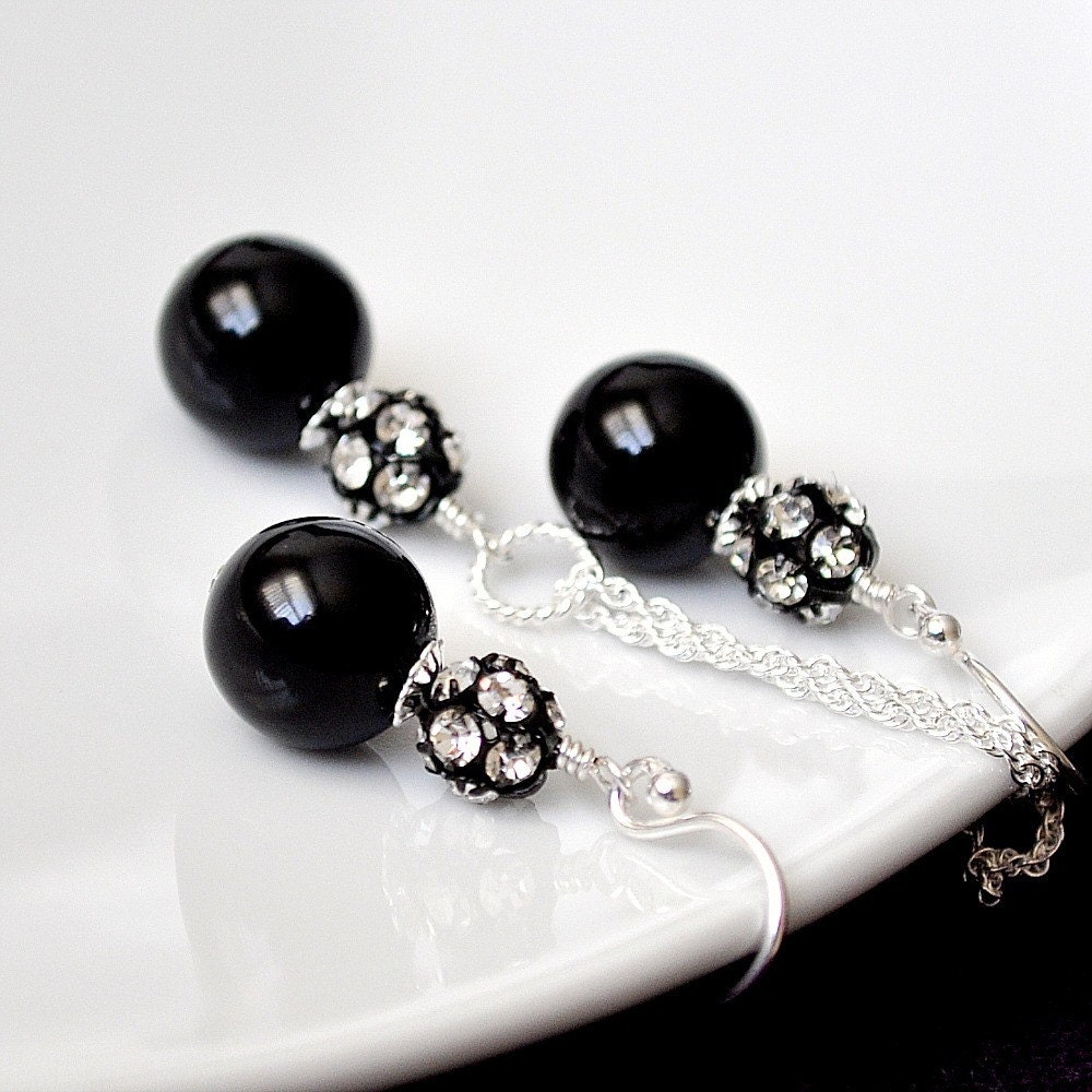 Black Bridesmaid Jewelry Sets. Black Pearl Set. Bridemaid Jewellery. Pearl Earrings Necklace SET. Sterling Silver Rhinestone Jewelry.