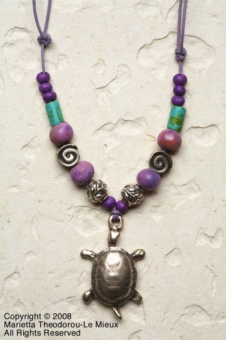 Turtle Necklace Ceramic Summer Fashion Silver Beads Adjustable Handmade Purple Turquoise Necklace