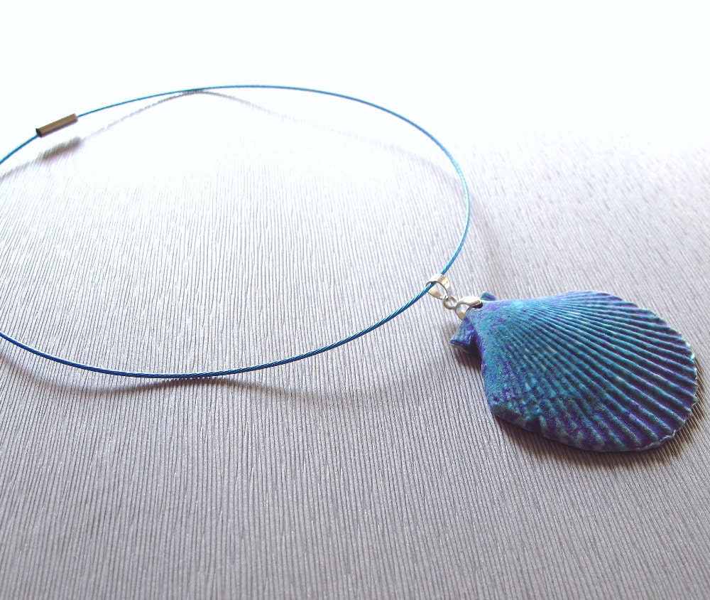 Shabby Chic PORCELAIN, Large Blue Shell Necklace, Gift Beach Nautical Jewelry Pendant and Stainless Cable minimalist