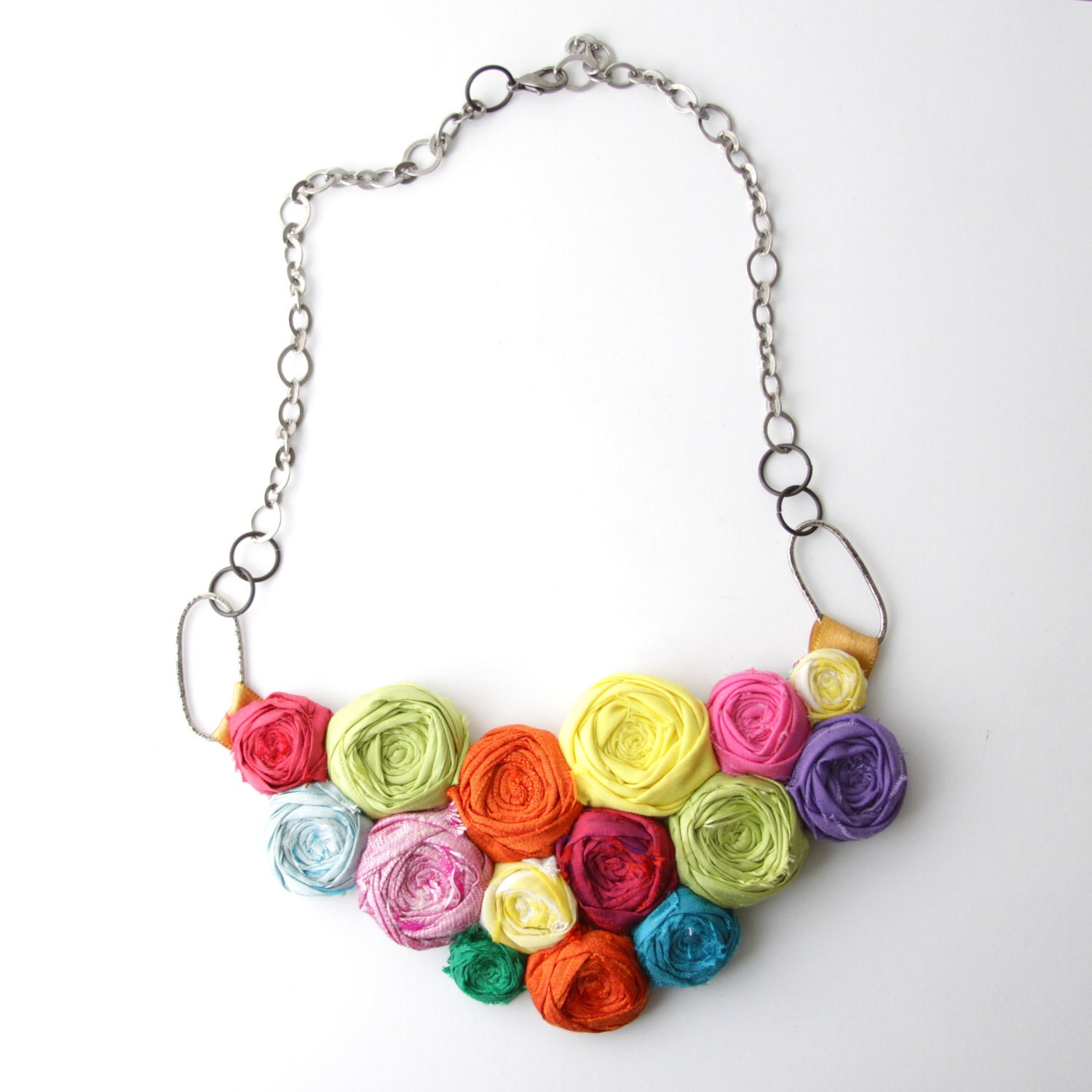 SALE Rosette Couture Brydferth Statement Necklace Rainbow Bold Brighten Up Rosette Statement Bib Necklace Silks Cotton Sterling Silver