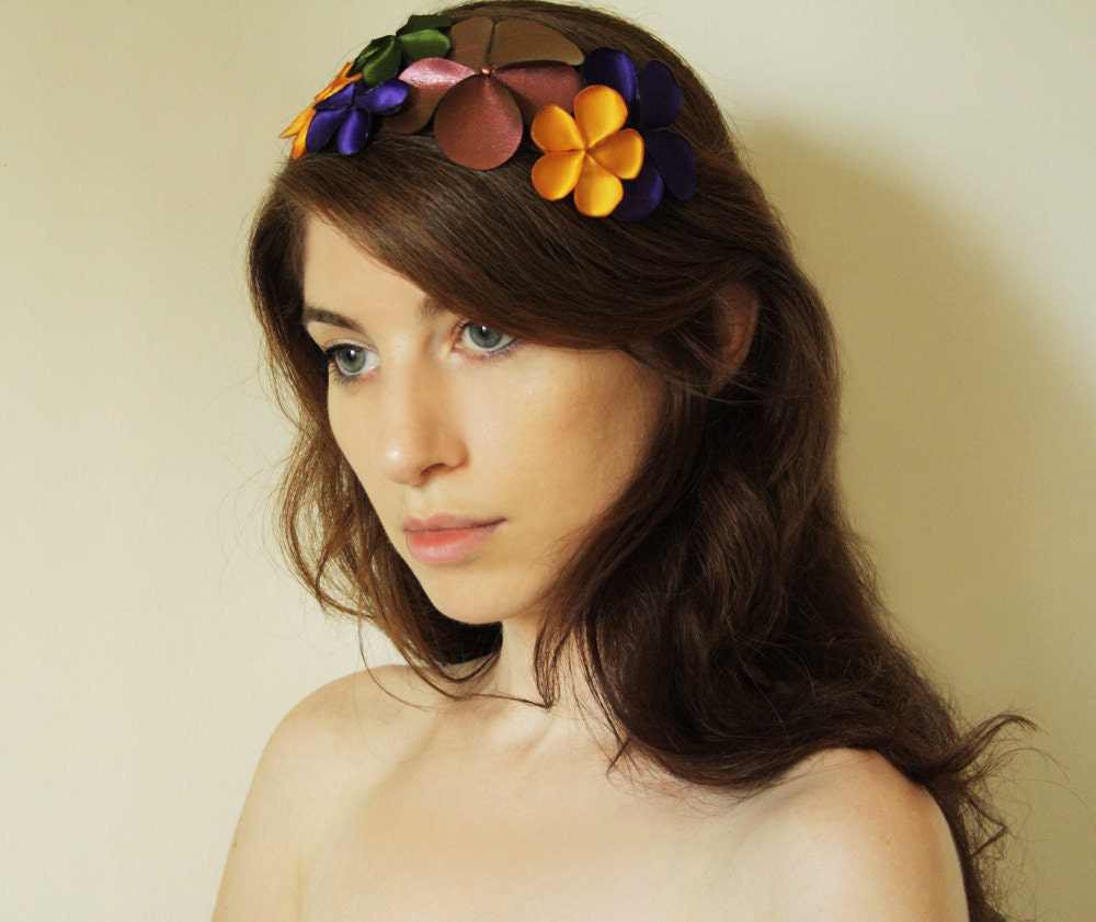 Flower Headpiece in Fall Fashion Colors: Leather Flower Headband in purple, mustard, olive green & copper - Women's Statement Fascinator