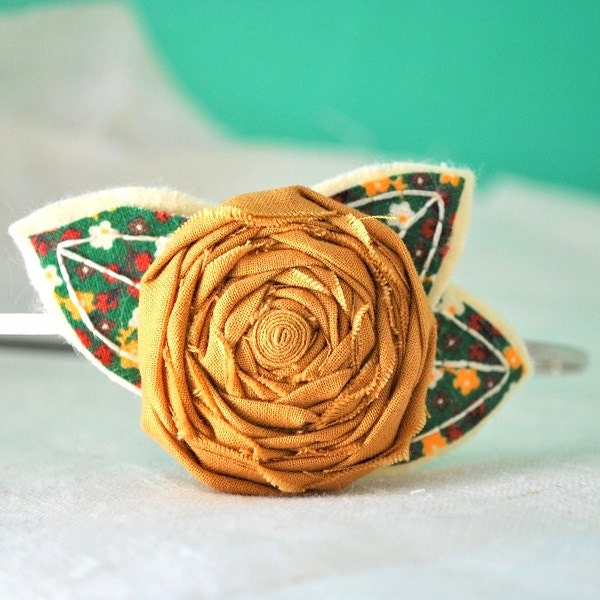Mustard Rosette Headband with Leaves - Vintage Fabric - Yellow Floral Statement Hair Accessory