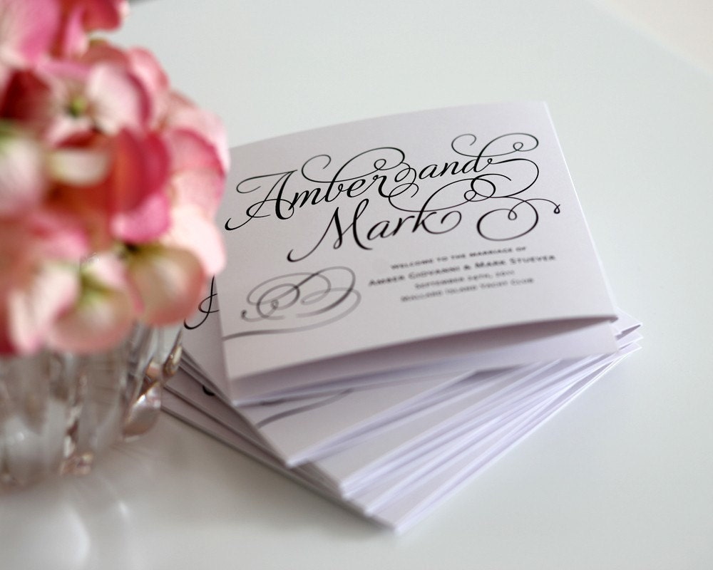 Charming Script Tri Fold Ceremony Program Sample in Black and White on Pearl Shimmer Luxury Cardstock