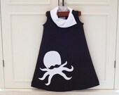 Girls dress, black and white, Hipster Mustache Octopus applique,  childrens clothing   2T, 3T, 4T, 5, 6, 7 (larger sizes available)