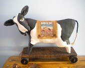 COW Pull Toy - Dairy Cow - Art Sculpture - Mixed Media - Reproduction Toy - Collectibles - Primitive - Folk Art - BESSIE MAE