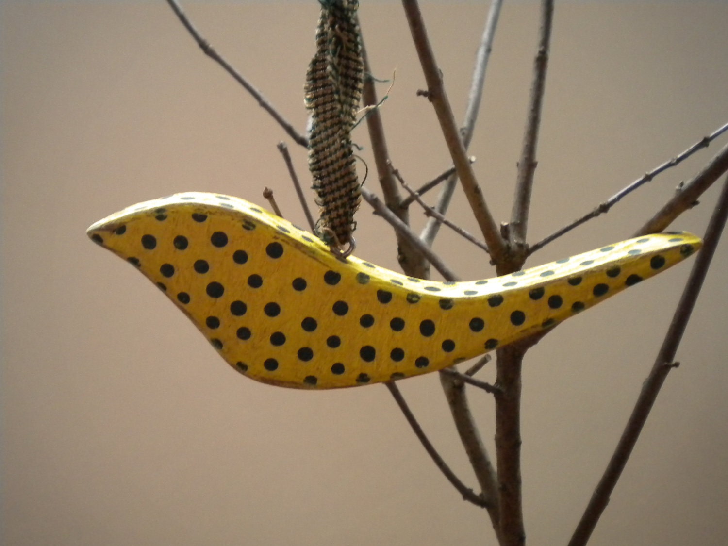 BIRD - Primitive - Spring Ornament - Folk Art - Woodland - Nursery Decor - Yellow and Green Polka Dots - ELLIE MAE