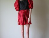 Mini Dress / 70s Dress / Balloon Sleeved TARTAN Red Plaid and Black Striped Mini Frill Dress with Pockets Size Medium med (2-4-6)
