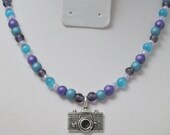 Purple and Teal Beaded, Camera Pendant Necklace - SALE