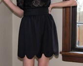 Sweet scalloped full black skirt - delicate, vintage style, gathered high waist - small, medium, large