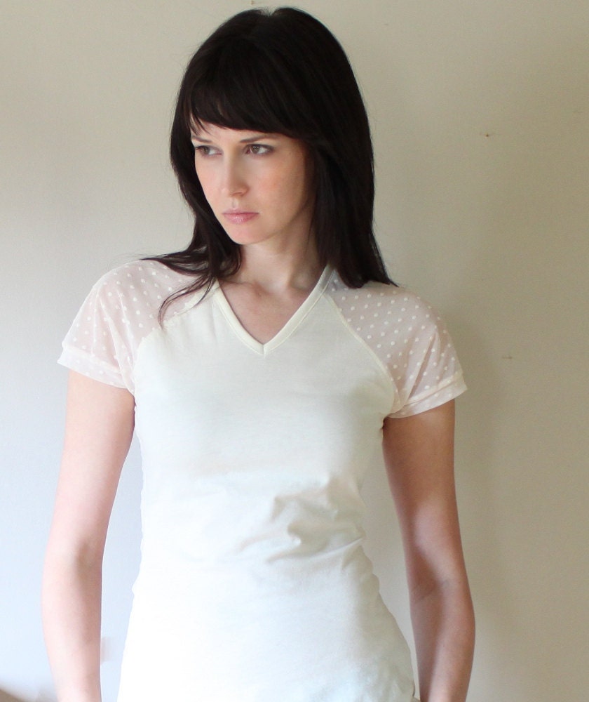 Sheer v-neck shirt - cotton jersey with deep vneck cut, polka dots feminine spring ivory neutral - small
