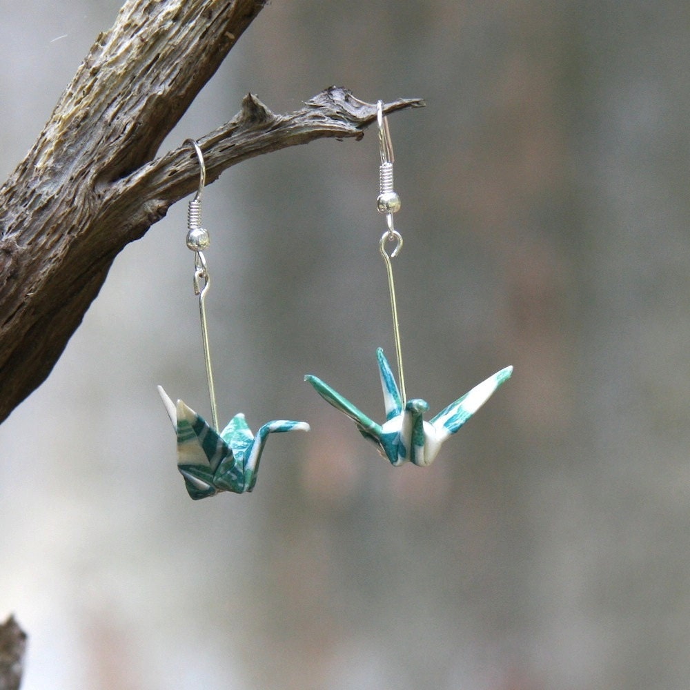 Origami Crane Earrings - Green and white
