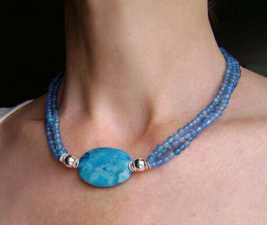 Blue Agate Necklace, Gemstone Jewelry, Sterling Silver, Crazy Lace Agate, Turquoise, Aqua, Blue, Sky, Teal, 88
