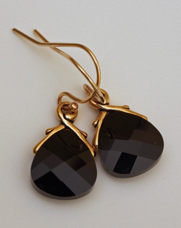 Jet Black Swarovski Crystal Earrings on 14k Gold Filler Ear Wires