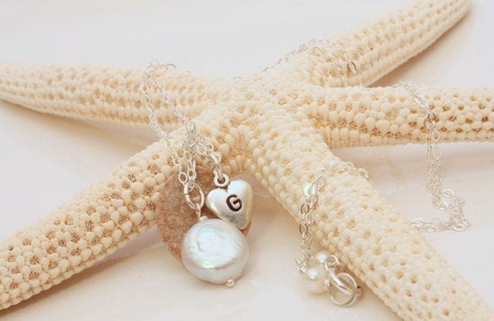 With Love... From The Sea, Personalized Sea Stone and Coin Pearl Necklace on Sterling Silver, Personalized Jewelry