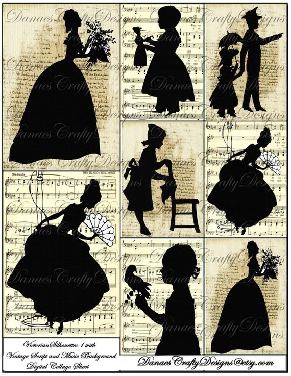 Victorian Silhouettes 1 with Vintage Script and Music Backgrounds - Digital Vintage Collage Sheet Download