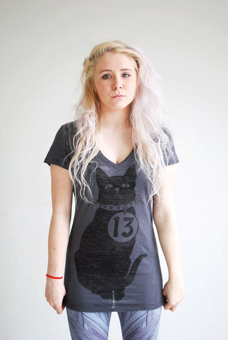 Black Cat T-Shirt - Vee Neck - Women's Graphic Printed Charcoal Burnout Tee - Unlucky "13"