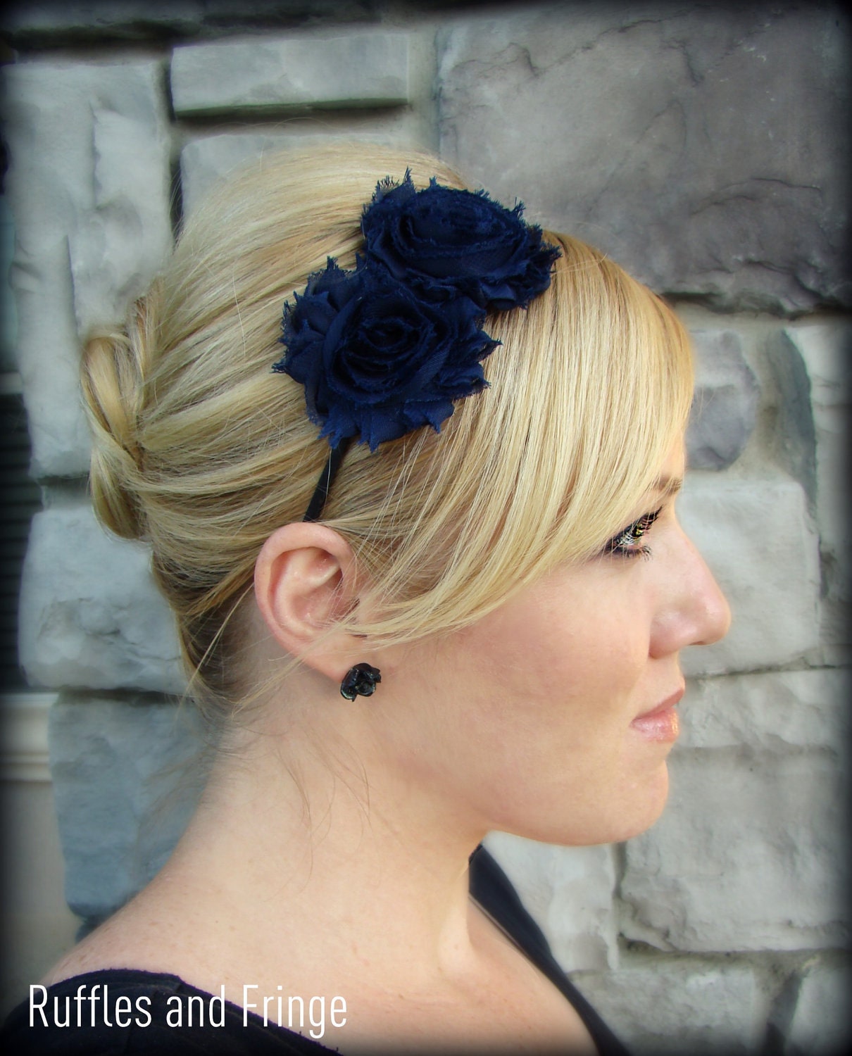 Adult Hair Band in Navy Blue - Shabby Chic Flower for Teens and Women
