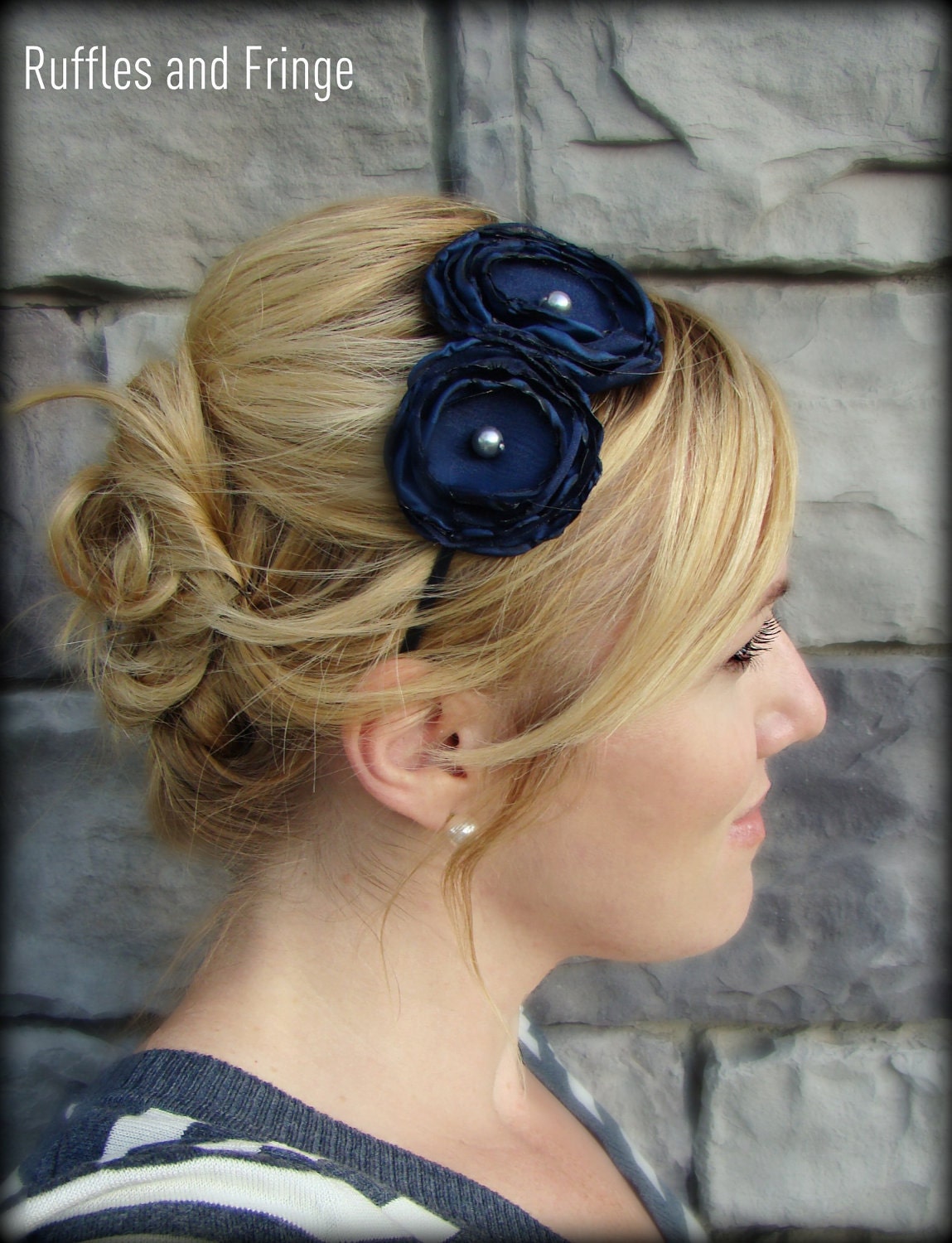 Woman's Double Flower Headband in Navy Blue, Headband for Adults and Girls