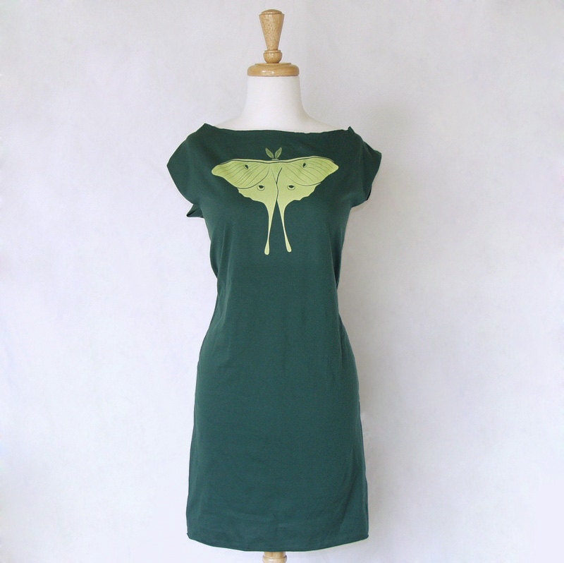 Luna Moth Women's Forest Green Cotton Jersey Dress Small, Medium, Large