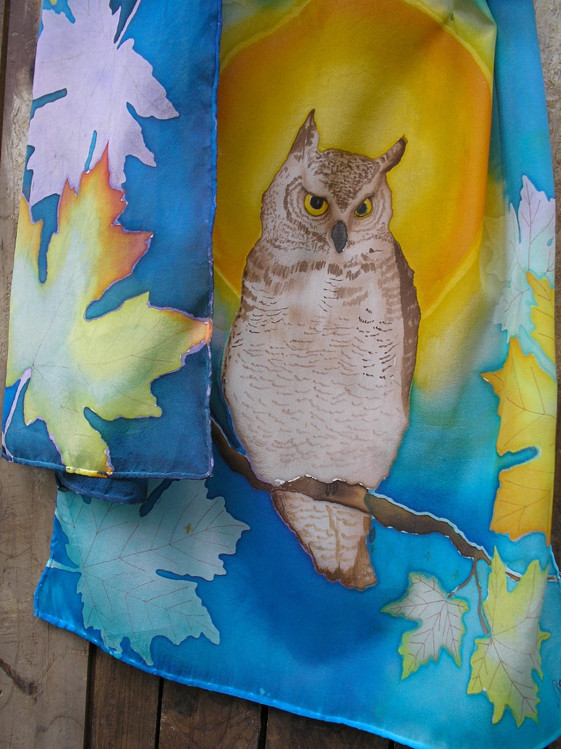 Hand Painted Silk Scarf - Owl with Full Moon and Leaves