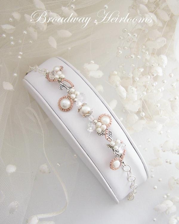 Rose Wedding Bracelet, Pearl & CZ Bridal Jewelry, One of a Kind - "EMMA" in Vintage Rose