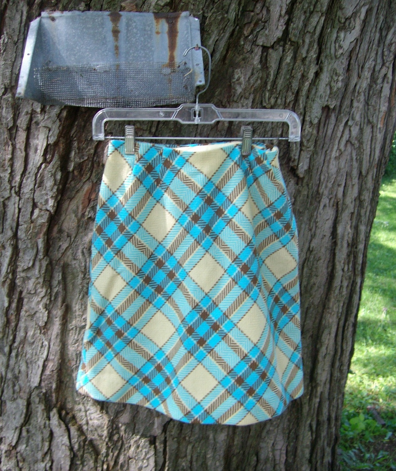 Vintage Wool Skirt Plaid Aqua and Cream (6/7)