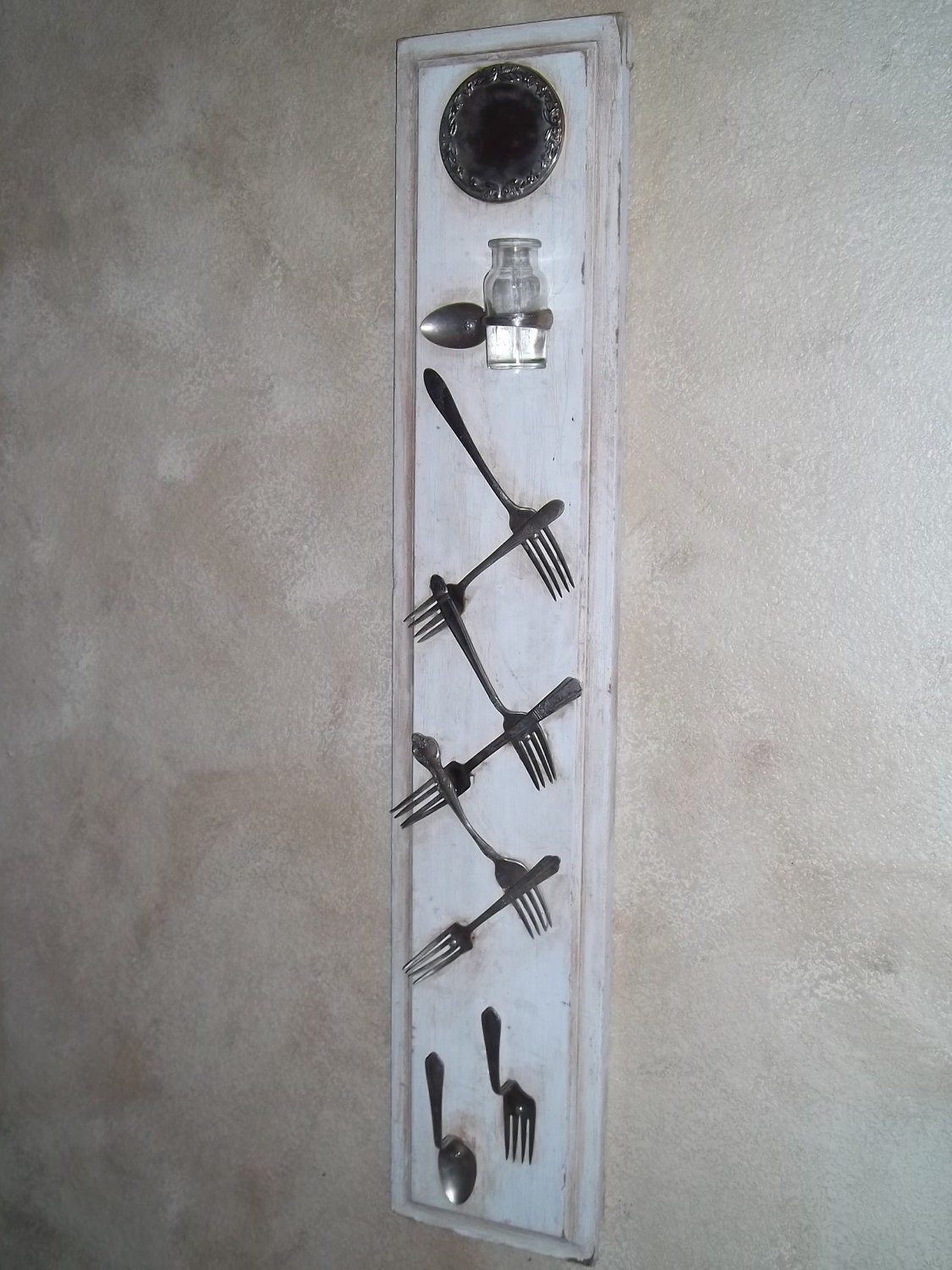 Silverware photo holder, memo board, vintage, silver plate. hooks, bottle / vase
