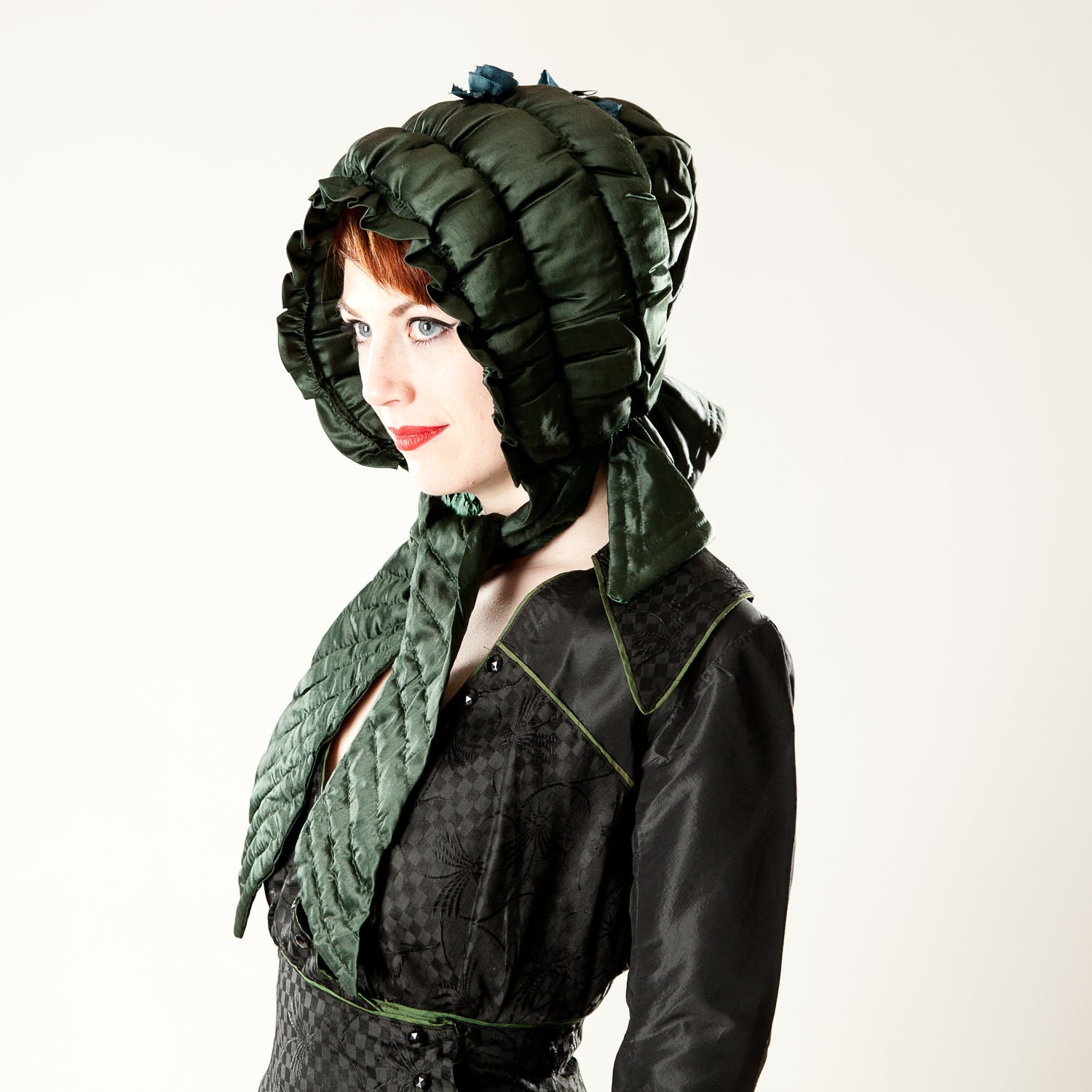 Antique Victorian Silk Bonnet Hat Hand Stitched Hunter Green Silk Curtain