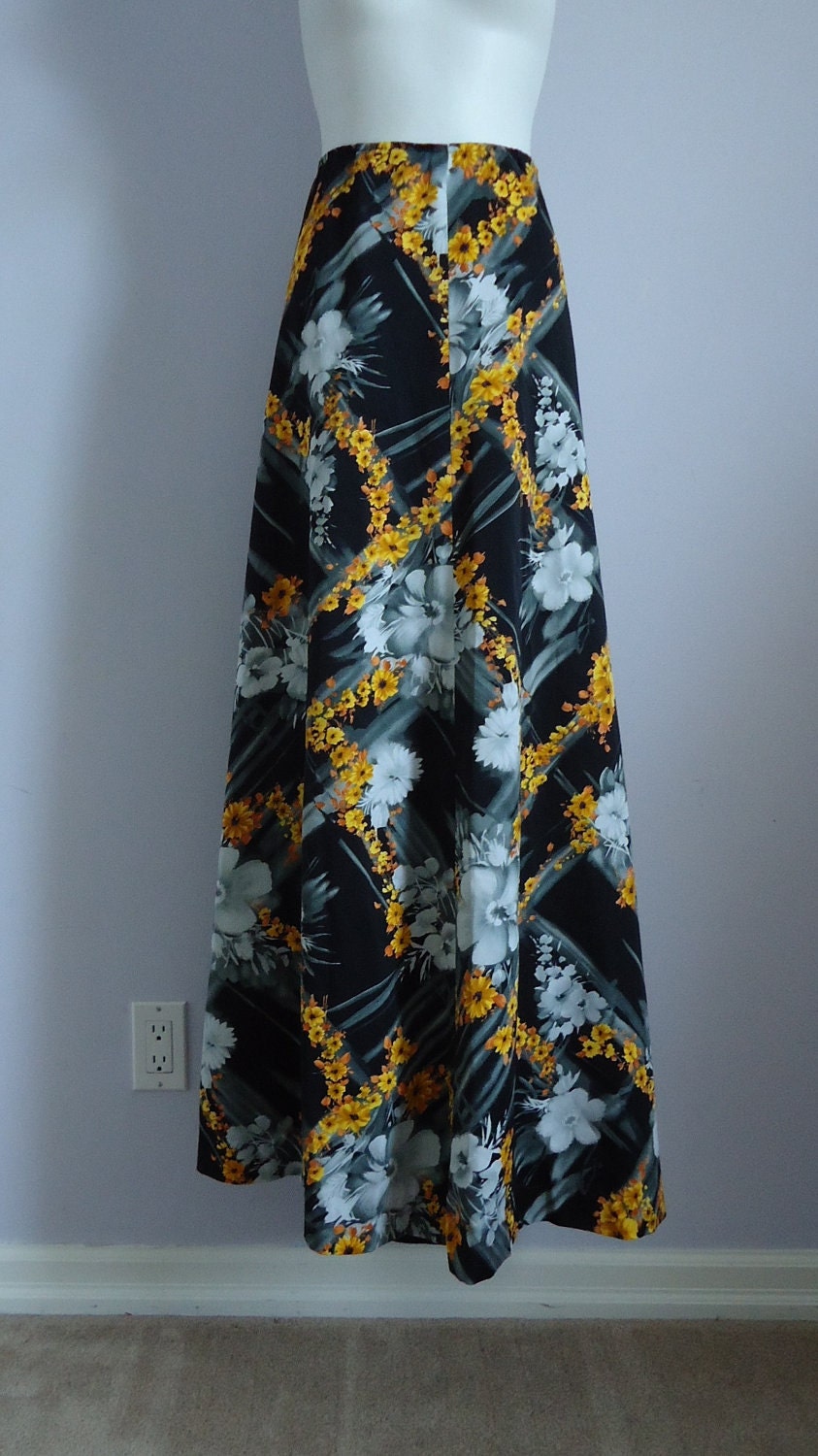 Vintage 1970s Black Floral Long Skirt, A-line