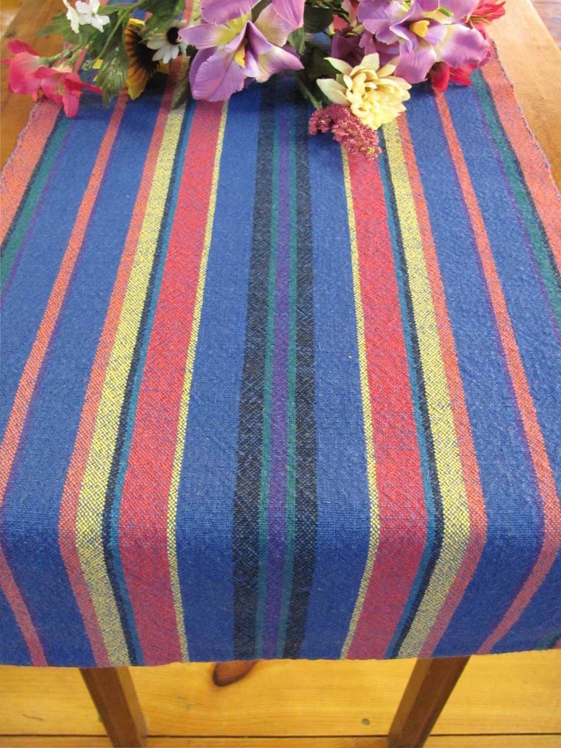 Festive Table Runner, Hand Woven Bright Blue Stripe Cotton, Spring Summer, Rustic Cabin, Country Cottage, Farmhouse Home Decor 14.5"W x 68"L
