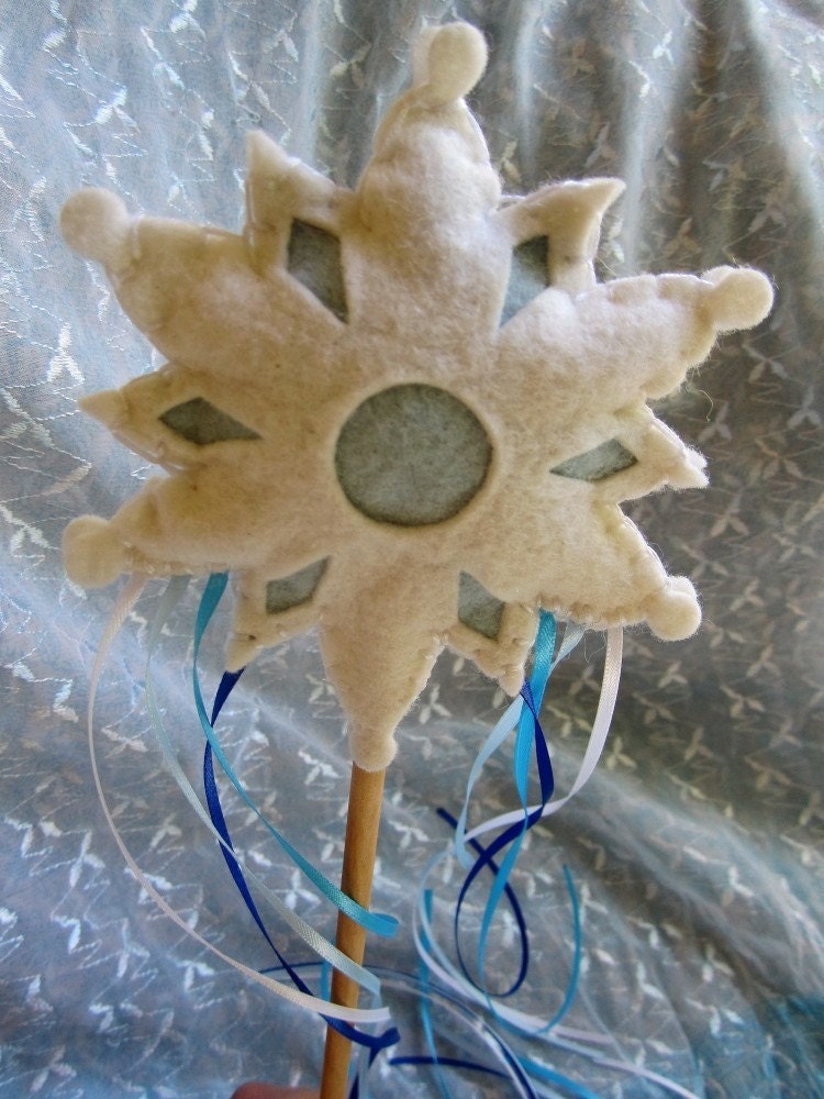 Magic snowflake play wand, wool stuffed, wool felt on wooden wand