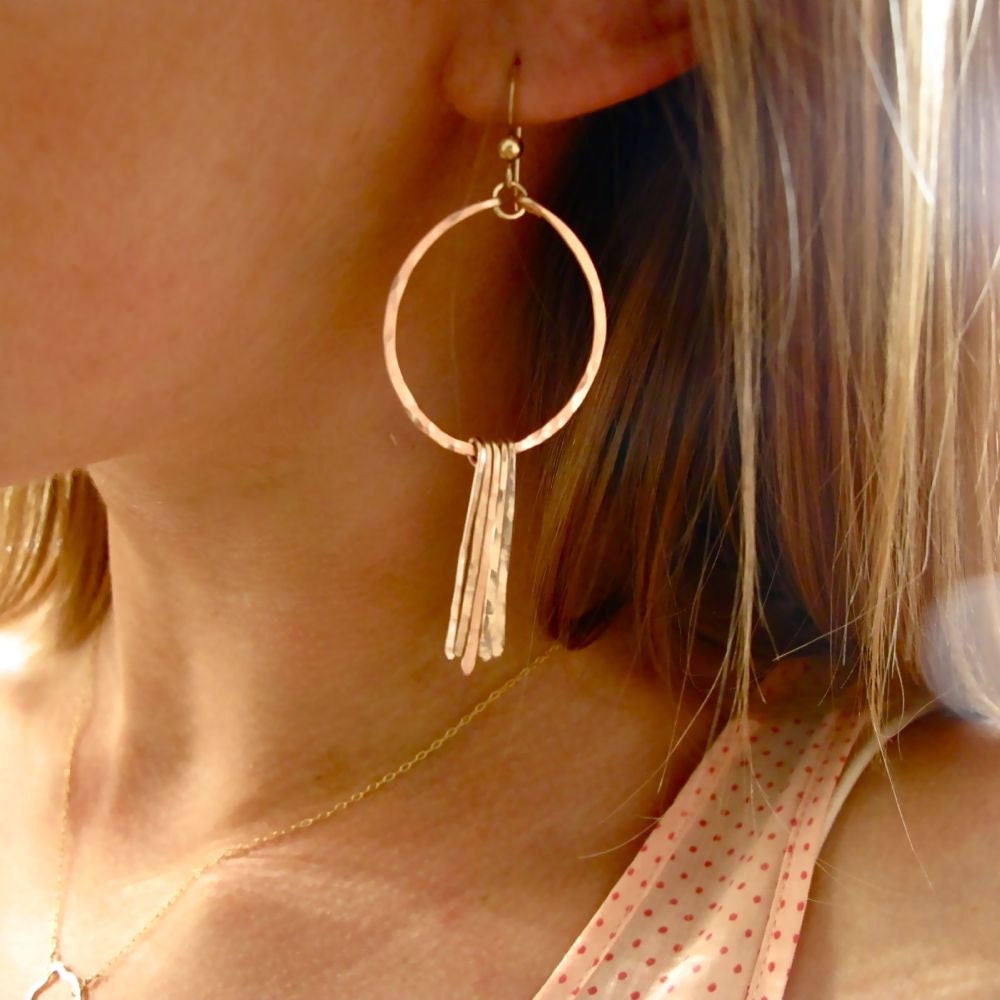 Rose Gold Fringe Hoops - Handmade Rose Gold Filled Hoop Earring with Hammered Rose Gold Filled Fringe