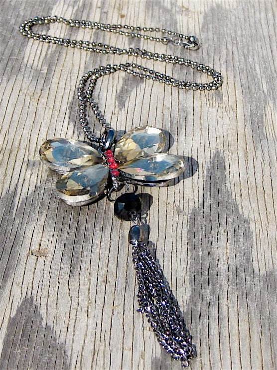 Sparkling Crystal  Butterfly Lariat Necklace . Oxidized Metal