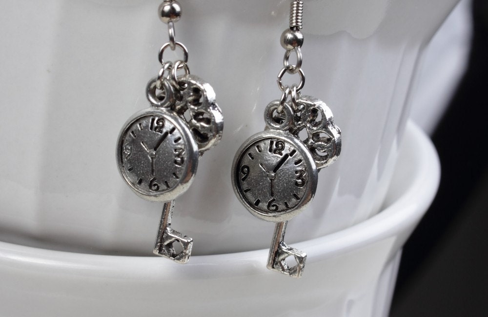 Key Clock Earrings Alice in Wonderland Inspired Steampunk in Silver