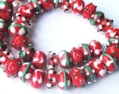 Red/Green Christmas Round Lampworked Glass Beads (6) Pcs Last Set
