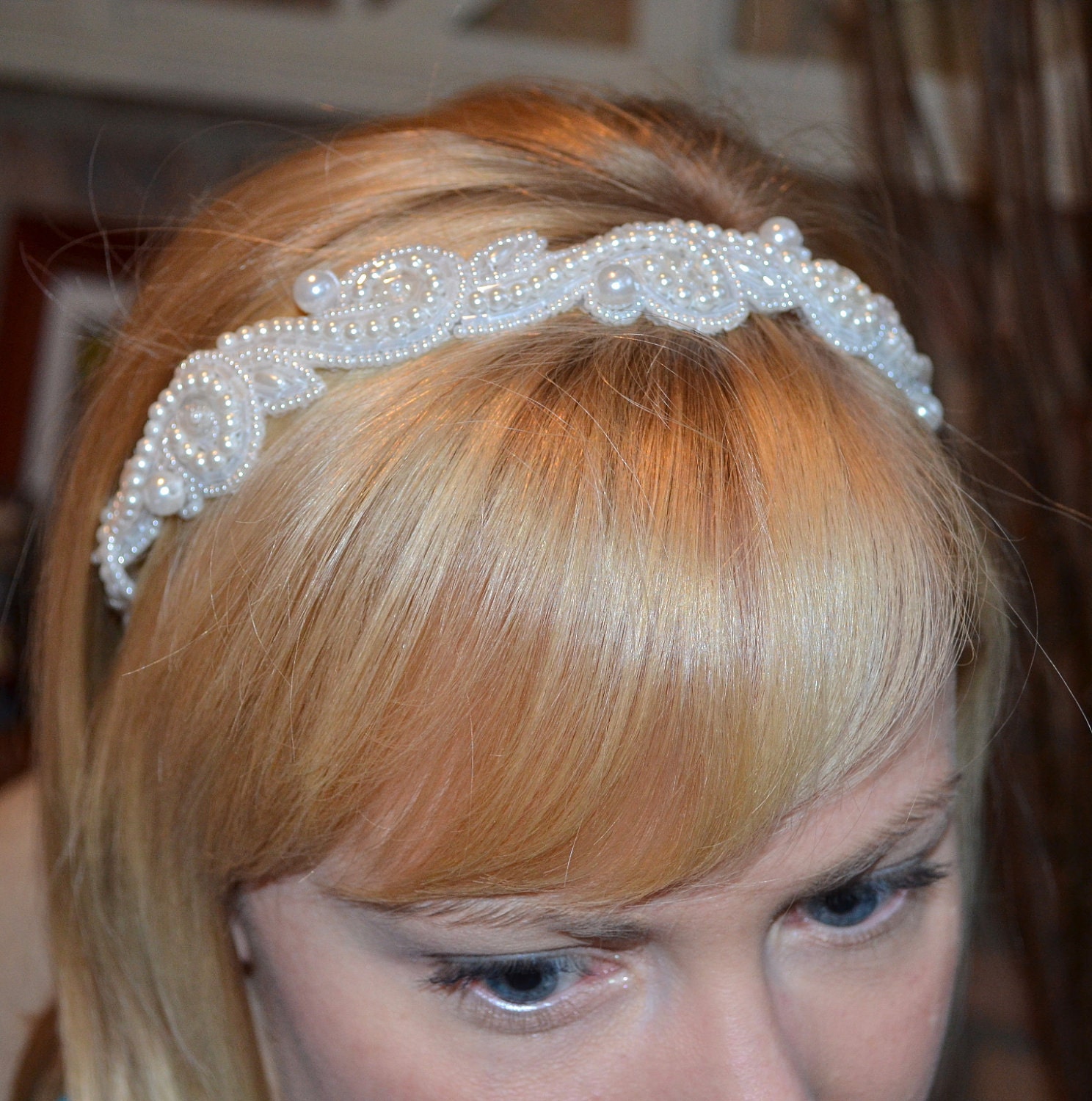 White Beaded Pearl Bridal Headband Handmade for Women by Jill's Boutique