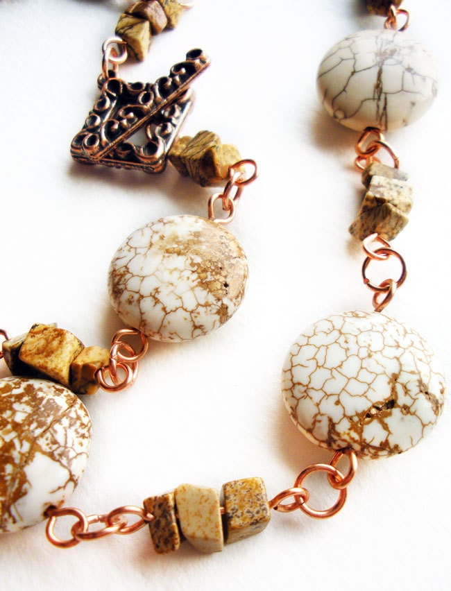 Stone Handmade Necklace with Natural White Magnesite Brown Picture Jasper and Coppe Wire