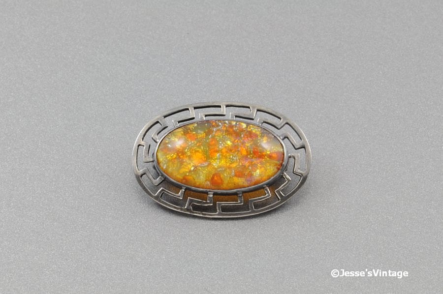 Vintage Sterling Lapel Pin w Faux Opal and Greek Key Pattern
