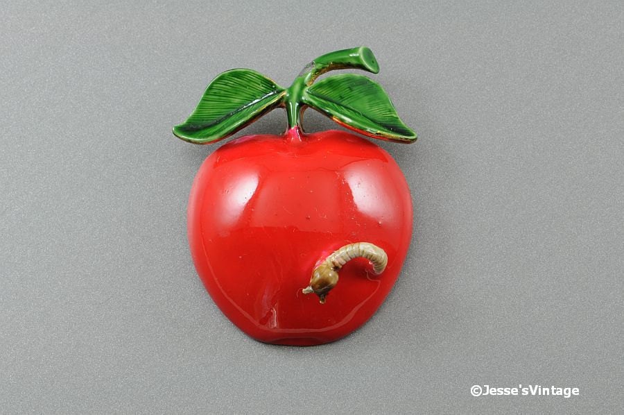 Vintage Enamel Apple Brooch Original by Robert w Worm Red