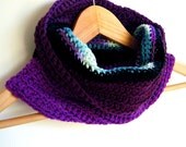Purple and Black cowl, cotton scarf, circle scarf, Striped, Purple, Plum, Black, white and blue