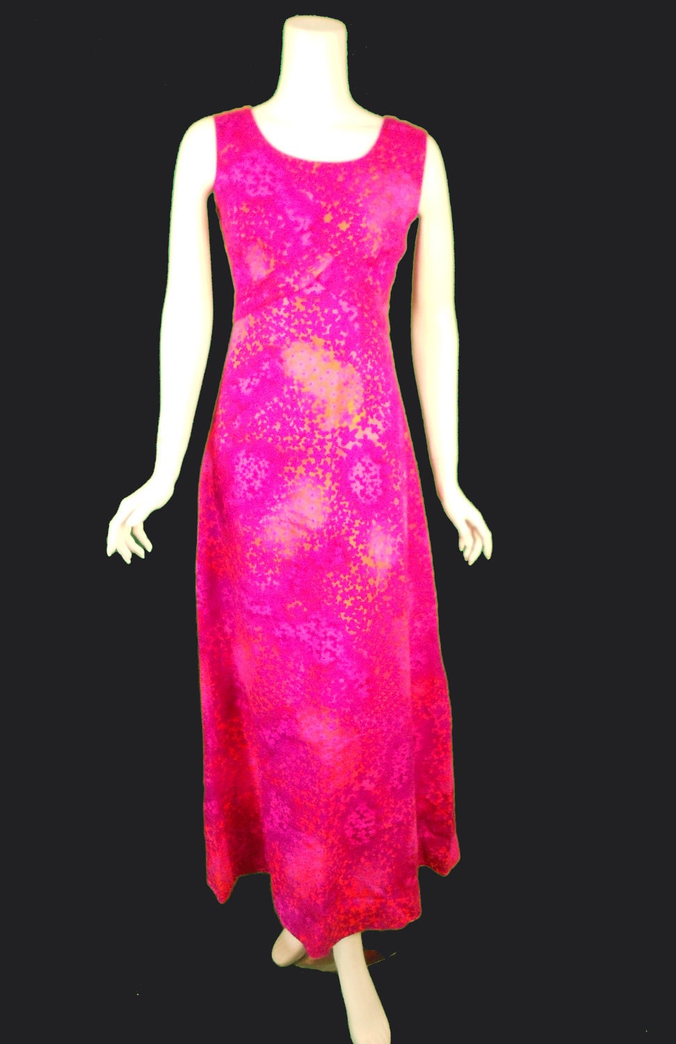 Vintage Maxi Hawaiian Dress Mad Men Megan Draper 1960s 1970s Hot Pink Bohemian Empire Waist Barefoot Trader Hilo Hawaii Small XS 1960s 1970s