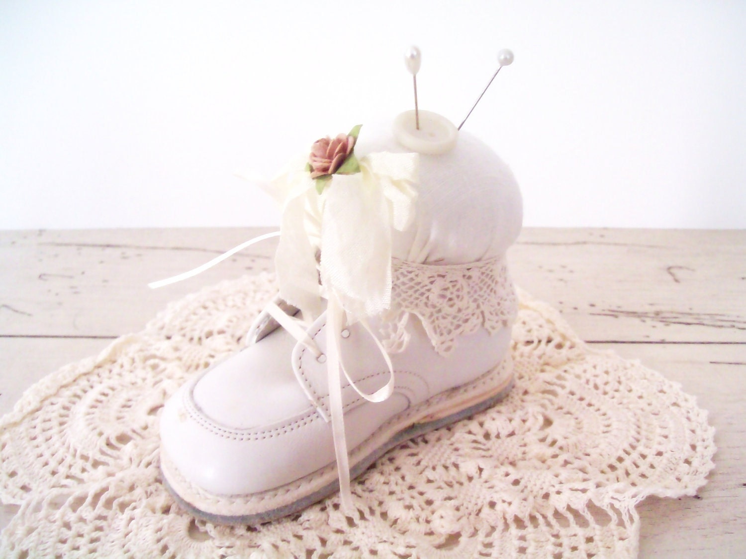 Pin Cushion Vintage Baby Shoe Pin Cushion Cottage Chic Baby Shoe Embellished Nursery Decor French Farmhouse