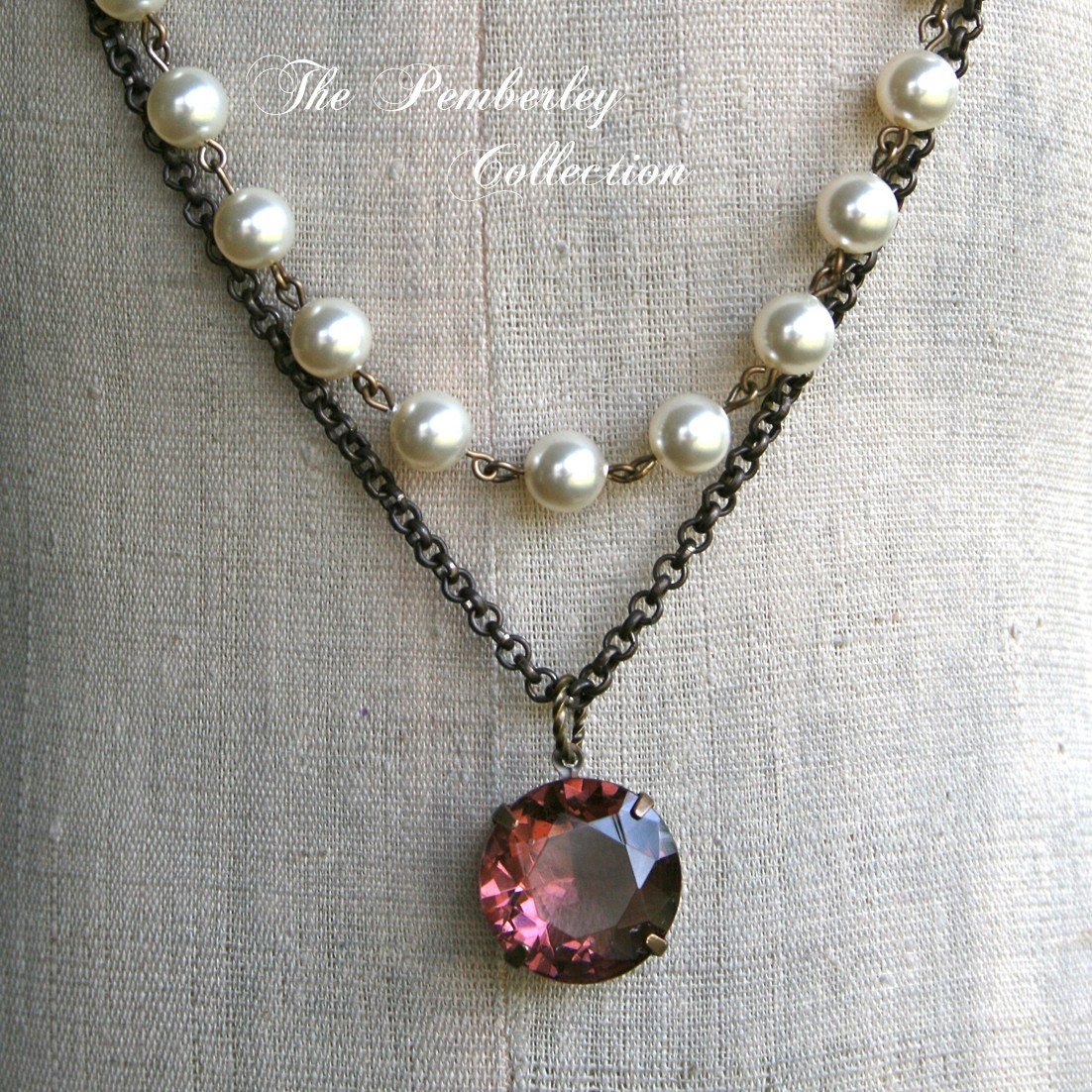 Estate Style Necklace, Swarovski Pearl, Faceted Stone, Vintage Style