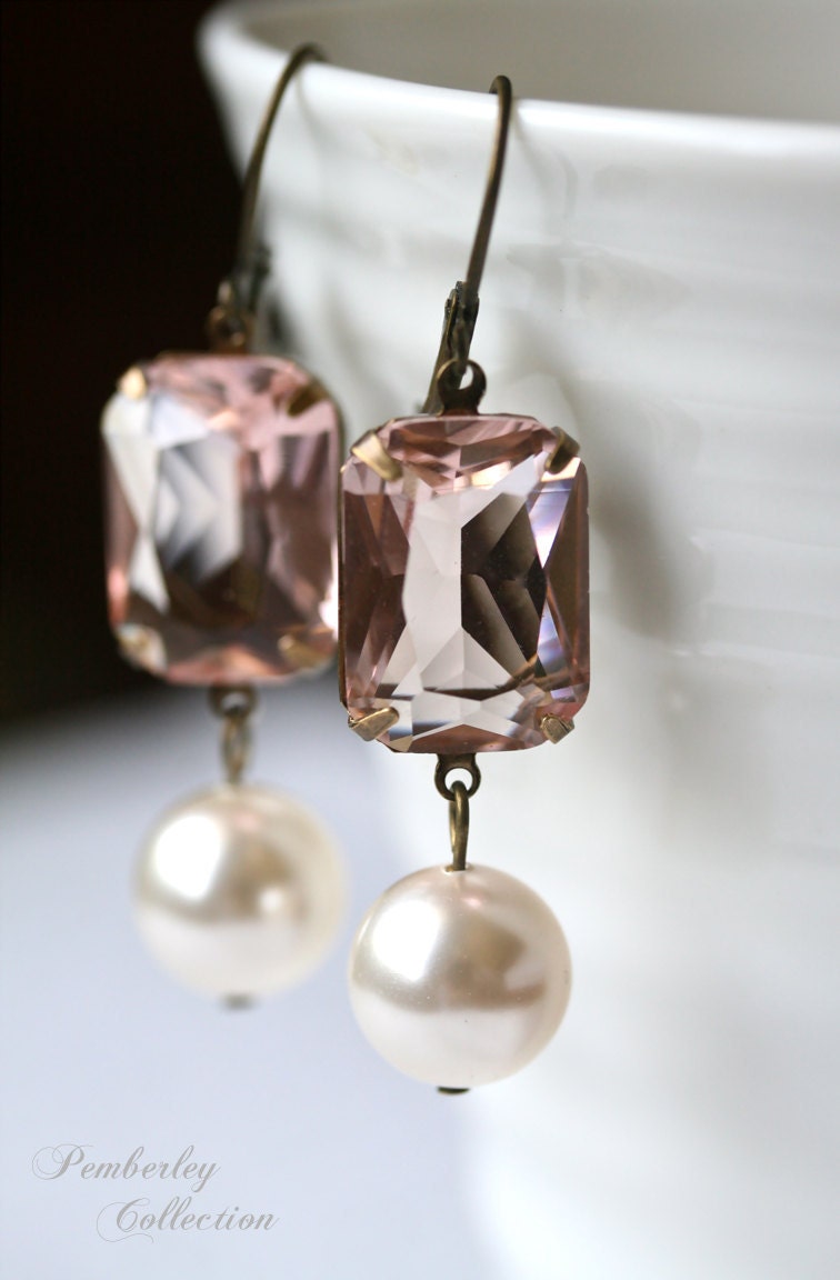 Estate Style Earrings, Swarovski Pearl, Blush Faceted Stones, Bridesmaid Earrings