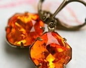 Fire Opal Swarovski Crystal Earrings, Cushion Cut Earrings, Estate Style Earrings, Orange