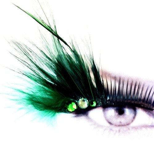 Mardi Gras Green Feather False Eyelashes Party Makeup - CatsMeow1940