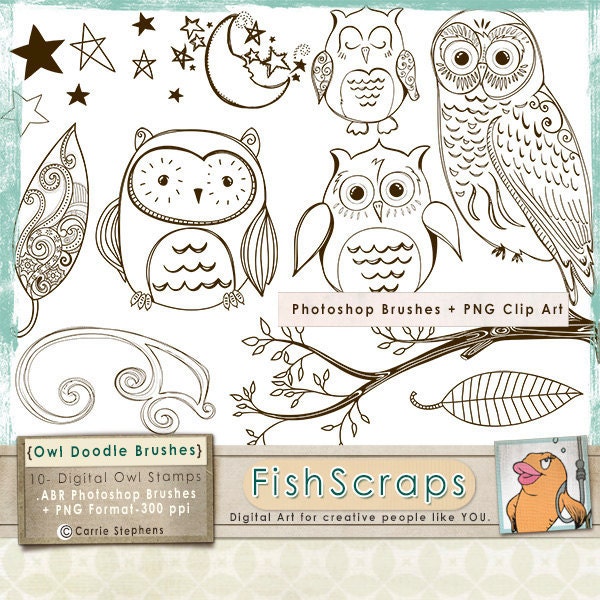 Owl Digital Stamps - Owl Clip Art - Doodles - Photoshop Brushes - ClipArt - Outlines - Great Patterns for Hand Embroidery