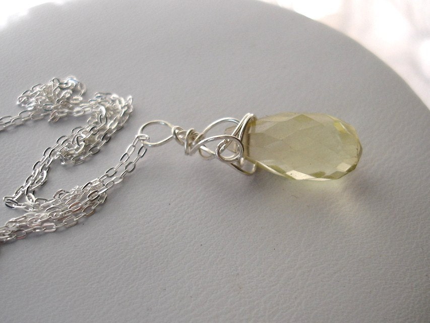 Lemon quartz faceted briolette genuine gemstone - Luscious Lemon Yellow Sterling Silver Freeform Wire Wrapped Necklace