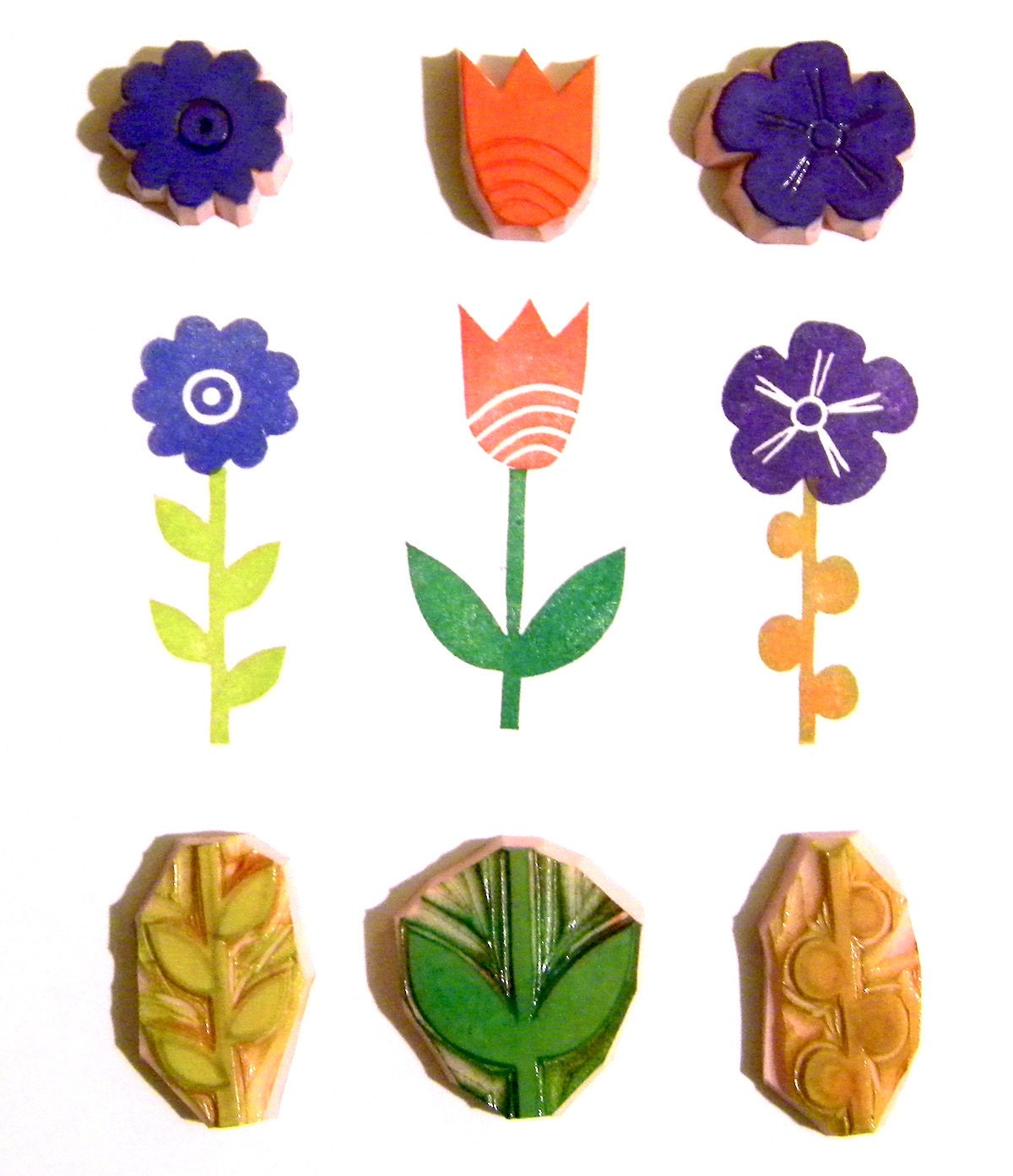 Flower Garden Stamp Set of 6 hand carved rubber stamps
