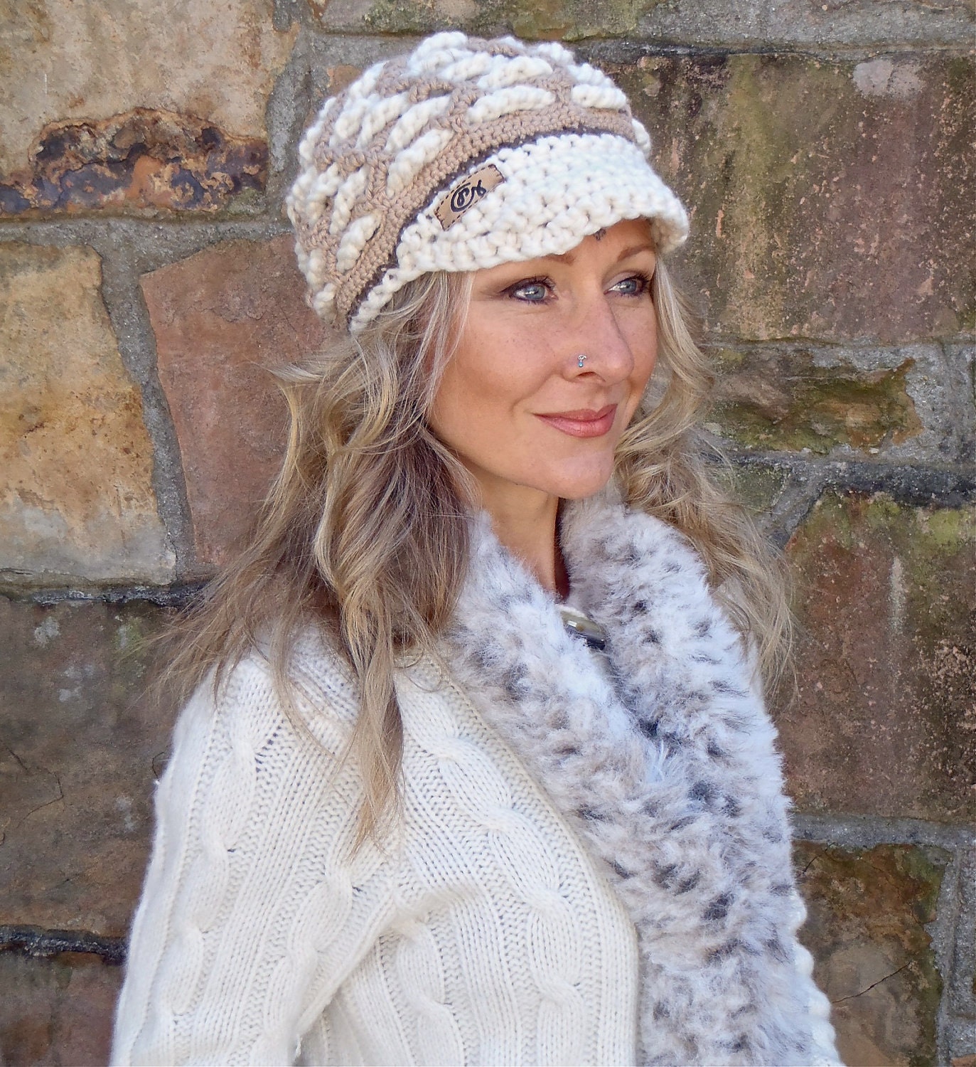 SNOW QUEEN crochet slouch hat Beige white cap NEWSBOY hat Winter hat cream Beanie bohemian hippie funky hat